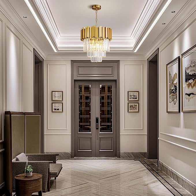 3-Tier 15.8" Modern Gold Crystal Chandelier, 5-Light Round K9 Crystal Pendant Light Fixture for Dinning Room, Kitchen Island, Bedroom, Living Room, Foyer, Entryway