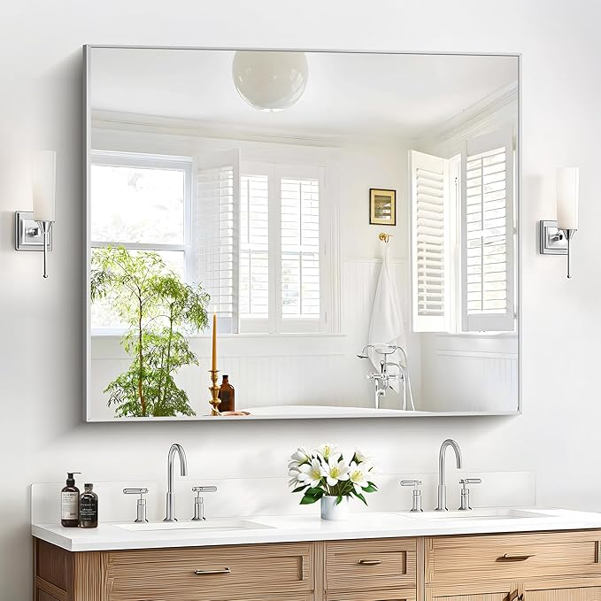 40x48inch Silver Bathroom Mirror, Silver Rectangle Mirror with Frame, Large Rectangular Wall Mirrors for Bathroom, Living Room, Hair Salon, Big Farmhouse Mirror Hang Horizontal/Vertical