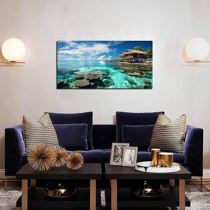 Ocean Scenic Canvas Wall Art, Blue Seascape Wall-Decor Picture , Ocean Scenery Canvas Decoration, Coastal Landscape Print Decorative Artwork for Home living Room Bedroom and Office, Size 40x20 Inches