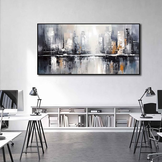 Abstract Wall Art for Living Room, Black White and Gold Wall Decor for Bedroom, Gray City Canvas Print, Large Size 59 x 29 Inches Framed
