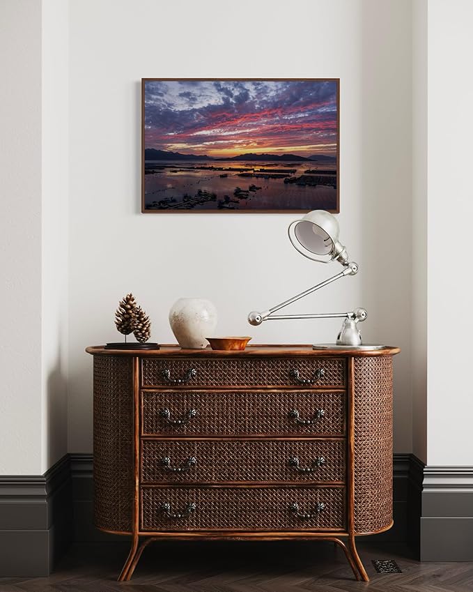 Oriental Beauty: Stunning Feng Shui Landscape Wall Art Prints for Home Decor in 3 Sizes (Serene Sunset Over a Coastal Fishing Village, 24" x 36")