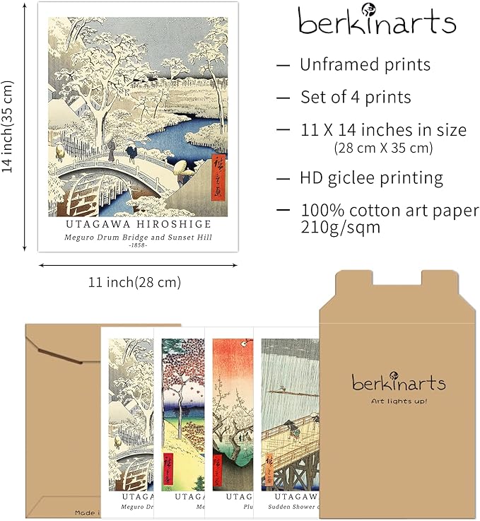 Berkin Arts Wall Art Unframed Prints Giclee Art Paper Set of 4, 11x14 inch Japanese Ukiyo-e Artwork, Bathroom Decoration Aesthetic Rustic Nature Colorful Wilderness Elegant Utagawa Hiroshige Poster