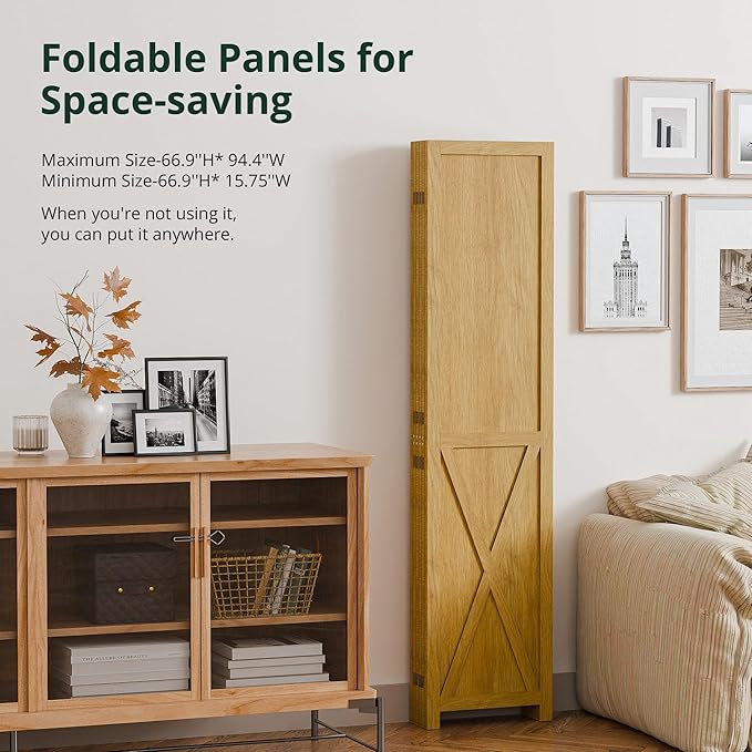 Cozy Castle Wood Room Divider, 6 Panels Folding Privacy Screen, 66.9'' Wall Divider, Barnwood Room Separator, Freestanding Partition, Temporary Wall for for Home Office Restaurant Decorative, Natural