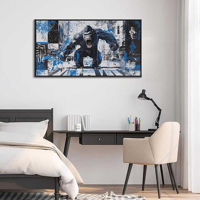 JEAWA Bathroom Framed Wall Art, Angry Gorilla Abstract City Street Graffiti Cool Pop Canvas Paintings Black and White Modern Picture for Living Room Bedroom Men Teenage Boy Game Room Decor 20x40 IN