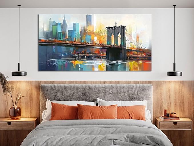 Arjun Cityscape Wall Art New York City Canvas for Living Room Painting Brooklyn Bridge Manhattan Bedroom Wall Art for Men Modern Picture Artwork Framed Home Office Wall Decor, Extra Large 58"x29"