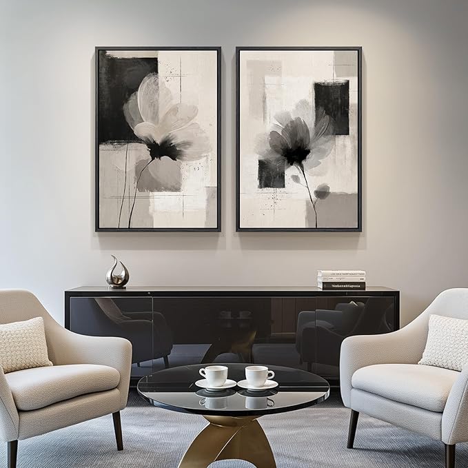 Large Framed Neutral Abstract Floral Wall Art, Set of 2 Black and Beige Modern Canvas Prints Paintings Artwork for Walls, Minimalist Pictures for Living Room, Dining Room, Bedroom Wall Decor 24x36 In