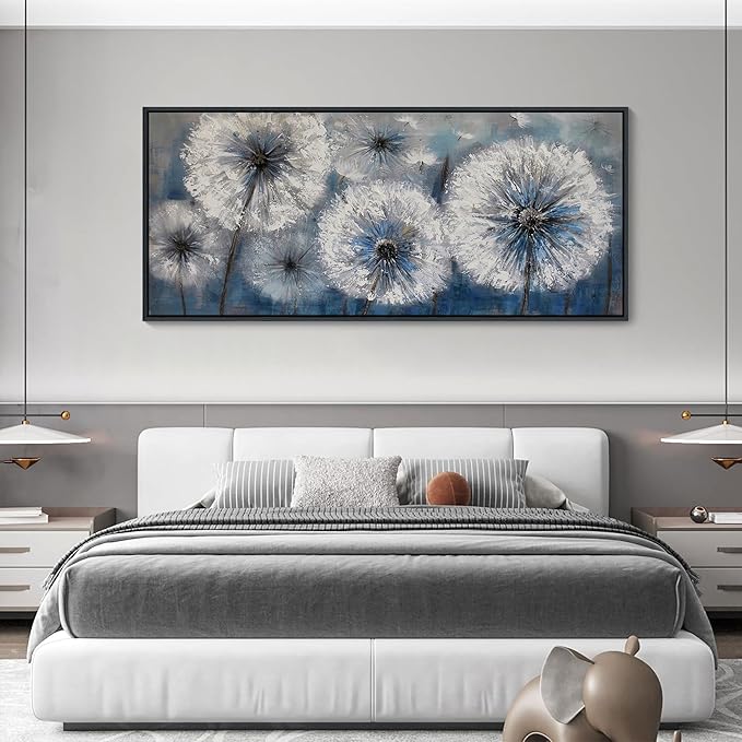 Blue Dandelion Canvas Wall Art Print Picture for Living Room Large White Flower Flora Home Bedroom Decoration Modern Framed Artwork Decor Living Room Pictures Sofa Paintings