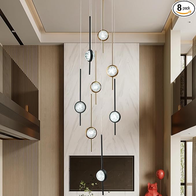 8-Light Chandelier,Crystal Globe Ball Bubble Chandelier with Special Black Gold pins.Black and Gold Chandelier for Spiral Staircase, Foyer, Entryway,High Ceiling (24W)