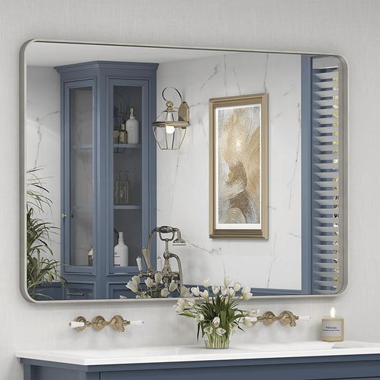 48x30 Inch Brushed Nickel Bathroom Mirror, Large Brushed Silver Metal Framed Wall Mirror, Rounded Corner Rectangle Modern Vanity Mirror, Tempered Glass, Anti-Rust, Shatterproof (Horizontal/Vertical)