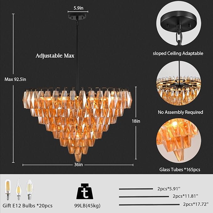 Modern Crystal Chandelier, 36" Luxury Black Round Amber Glass 8-Tier Chandelier for Dining Room, Large Bronze 20-Light Tiered Chandeliers Light Fixture for Living Room, Bedroom, Entryway, Staircase
