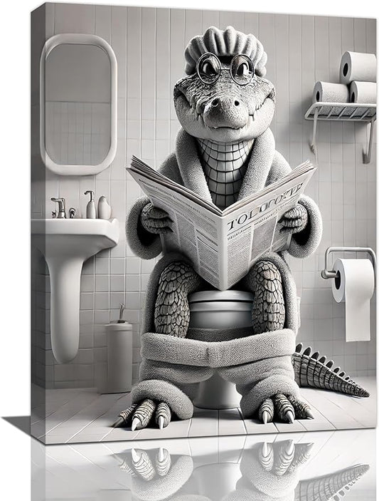 Lunavix Crocodile Bathroom Wall Art Alligator Bathroom Pictures Wall Decor Black and White 12" x 16" Framed Canvas Print Modern Artwork Decorations for Restroom