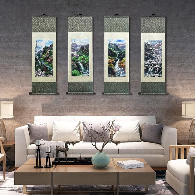 AtfArt Asian Wall Decor - Beautiful Silk Scroll Painting of Four Seasons Landscape - Summer, Autumn, Winter-Spring - Oriental Decor - Chinese Art - 36.2 x 12in