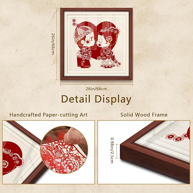 crmotu Chinoiserie Wall Art, Chinese Wedding Paper-Cutting Framed Wall Decor, Romantic Couple Wall Decor, Unique Folk Handmade Gift for Newlyweds Engagement Anniversary 26x26 Inch