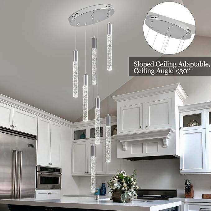 7-Lights High Ceiling Crystal Chandelier, Modern LED Raindrop Pendant Light Fixture 60" H Flush Mount Chandelier Chrome for Foyer Staircase Living Room