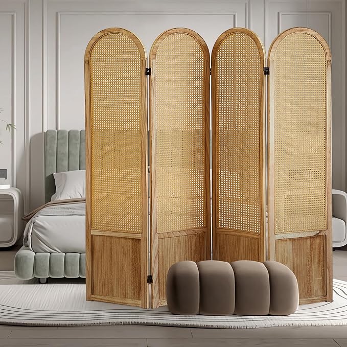 4 Panel Room Dividers and Folding Privacy Screens, Hand-Made Rattan Room Divider with Bi-Directional Hinge, Pre-Assembled Wood Room Divider Wall for Home Office Bedroom, Light Brown