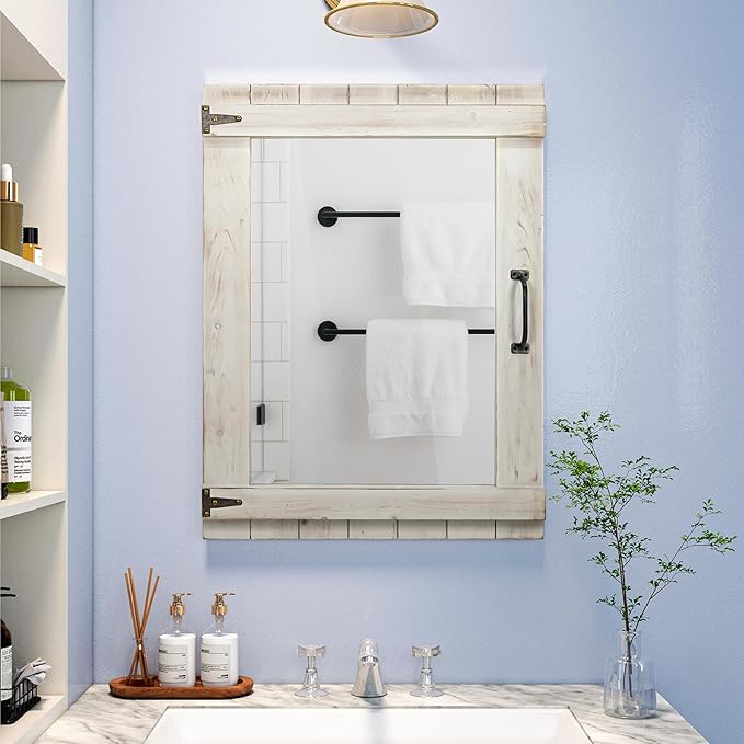 Oakrain Farmhouse Mirror, 24x32 Inch Distressed White Wood Frame with Black Metal Hinges, Rustic Wall Mirror for Bathroom, Living Room, Entryway, Bedroom