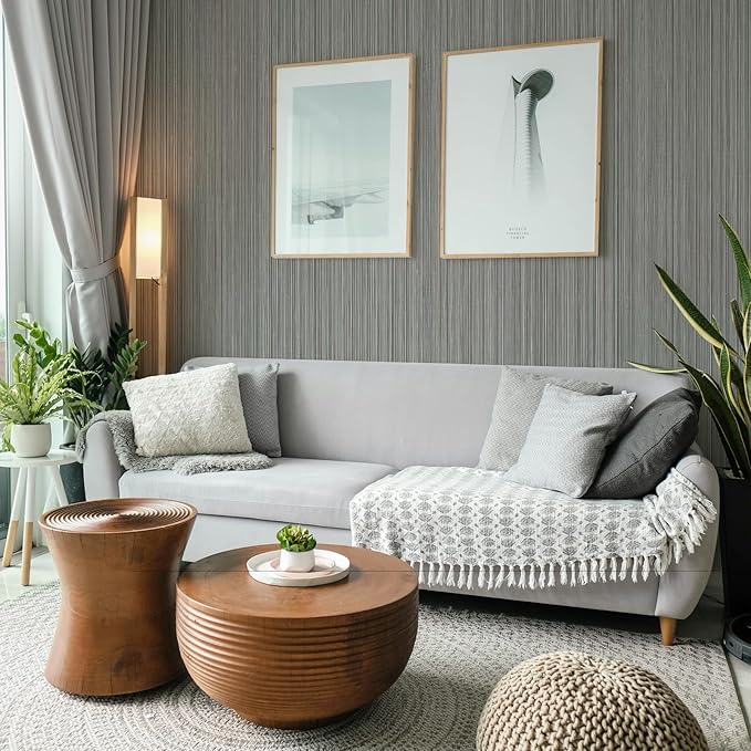 20.8" x 196.8" Thick Peel and Stick Grasscloth Wallpaper, Grey Linen Wallpaper Self-Adhesive Fabric Wall Paper