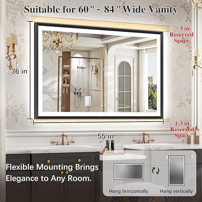 55x36 Black Framed Led Bathroom Mirror with Lights, Front Lit and Backlit, Lighted Vanity Mirror for Bathroom Wall, Anti-Fog, Dimmable, 3 Colors, Memory, HD Tempered Glass