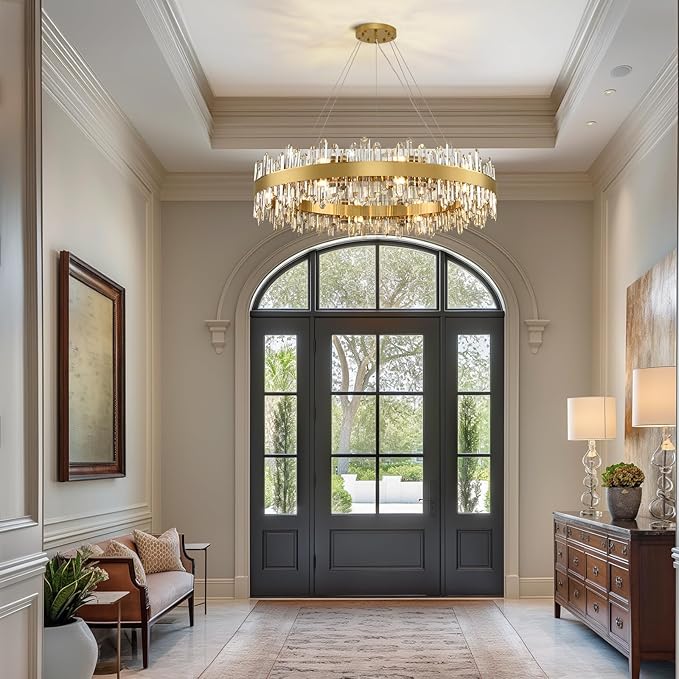 Modern Crystal Chandelier, 40" Round Gold Chandeliers for Living Room, 20-Lights 2 Tiers Luxury K9 Crystal Dining Room Chandelier Over Table, Adjustable Chandeliers for Foyer Entryway