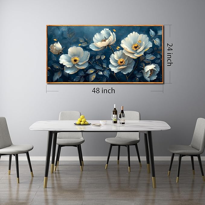 Ouzzlie White Floral Canvas Wall Art for Bedroom Large Blue Wall Decor Plant Picture Artwork 24" x 48"