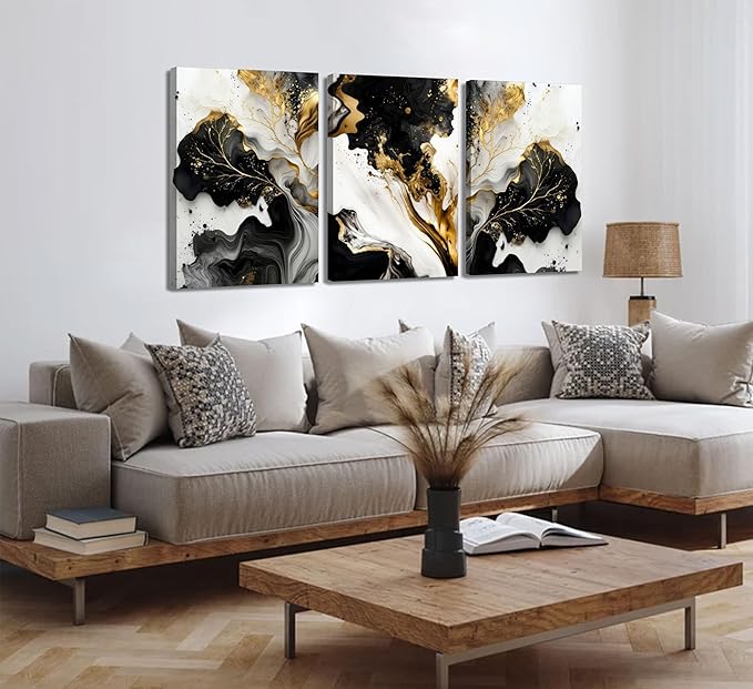 3Pcs Abstract Marble Canvas Wall Art Picture Black White Gold Texture Poster Print Modern Painting Wall Decor for Bedroom Living Room Office 16x24in Framed