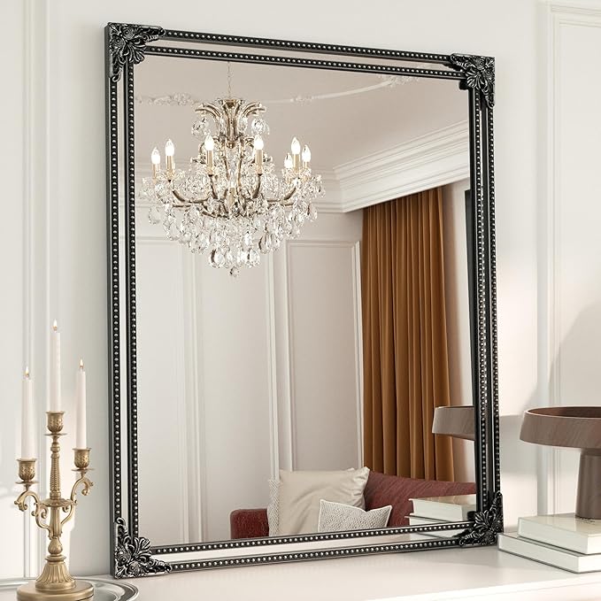 Keonjinn Vintage Mirror for Wall, 30" x 36" Antique Rectangular Black Mirrors with Metal Frame, Baroque Style Decoration for Mantle, Bathroom, Living Room, Fireplace, Bedroom, HD Shatterproof Glass