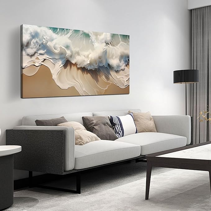 Ocean Waves Canvas Wall Art for Living Room, Beach Scenery View Home Decor Picture, Sea Waves Canvas Wall-Decoration, Seaside Scene Decorative Print Artwork for Office Bedroom, Size 48x24 Inches