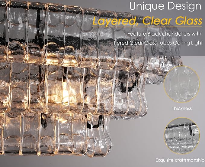 54 Inch Large Rectangular Black Chandelier for Dining Room, Clear Glass Drum Modern Pendant Light Fixture, Extra Long Kitchen Island Lighting