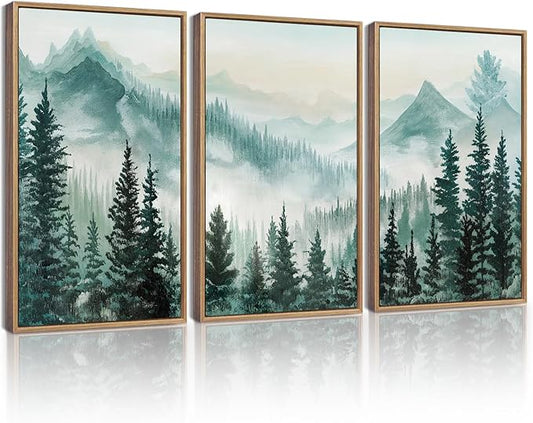 KUVIOKE Fog Pine Tree Mountain Landscape Framed Wall Art Watercolor Nature Misty Forest Painting Vintage Farmhouse Rustic Wall Decor for Bedroom Hallway 11x14in (Natural Framed)
