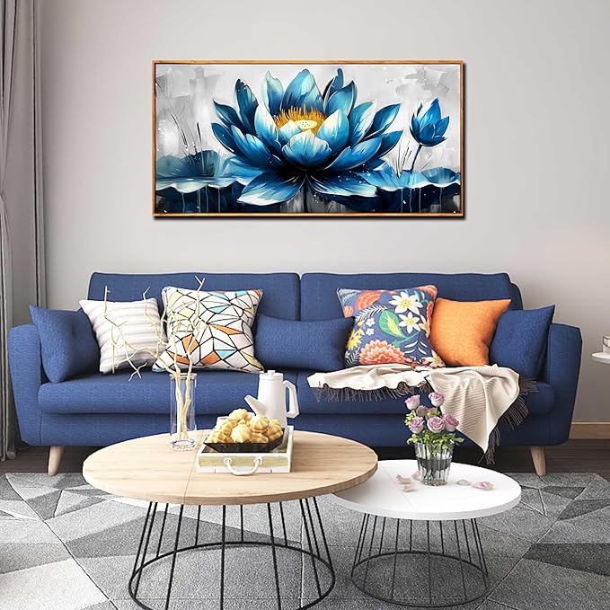Ouzzlie Lotus Wall Art Blue Wall Decor Flower Painting Gray Canvas for Bedroom Modern Art 24" x 48"