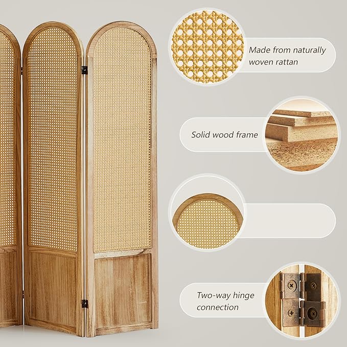 6 Panel Rattan Room Divier, Room Divider Panel and Folding Privacy Screens, Room Divider Wall, Solid Wood Frame, Partition Room Dividers, Bedroom, Lounge, Light Brown