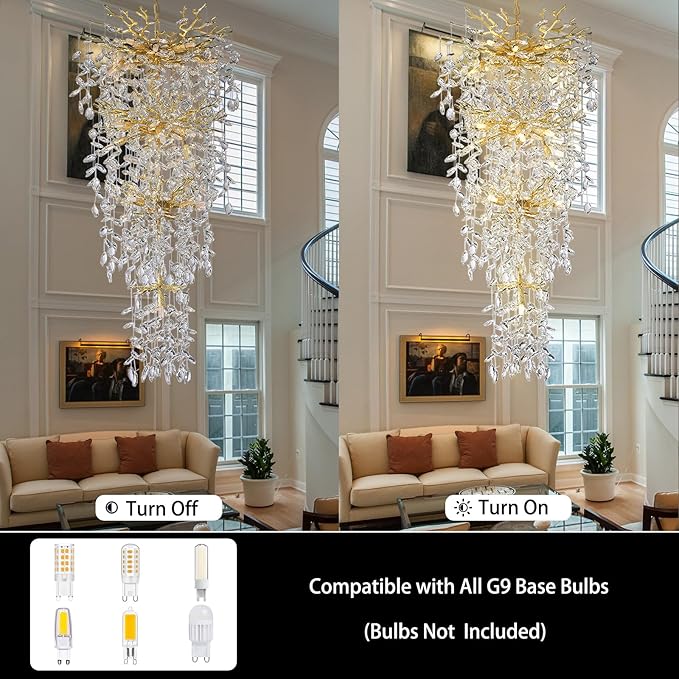47'' Long Crystal Chandelier for High Ceiling, 25-Light Modern Gold Tree Branch Chandelier, Large Chandeliers for Staircase Foyer Entryway Living Room, 4-Tier Luxury K9 Raindrop Light Fixture- Upgrade