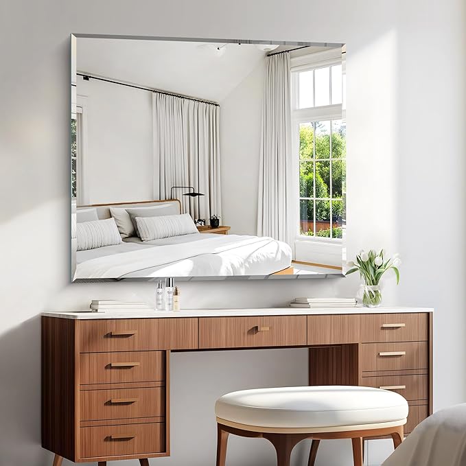 KOCUUY Beveled Mirror, 40x36 Inch Large Frameless Bathroom Mirror for Over Sink, Upgraded Shatterproof Beveled Unframed Design Mirror for Bathroom, Bedroom, Hang Horizontal/Vertical