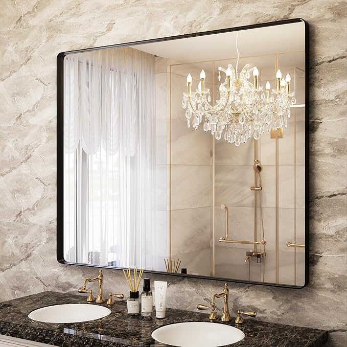 Black Bathroom Mirror for Wall, 48x40 Inch Matte Black Framed Bathroom Vanity Mirror for Farmhouse Living Room Bedroom, Anti-Rust, Tempered Glass, Rounded Corner, Horizontal/Vertical