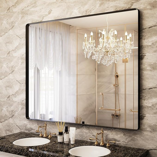Black Bathroom Mirror for Wall, 48x40 Inch Matte Black Framed Bathroom Vanity Mirror for Farmhouse Living Room Bedroom, Anti-Rust, Tempered Glass, Rounded Corner, Horizontal/Vertical