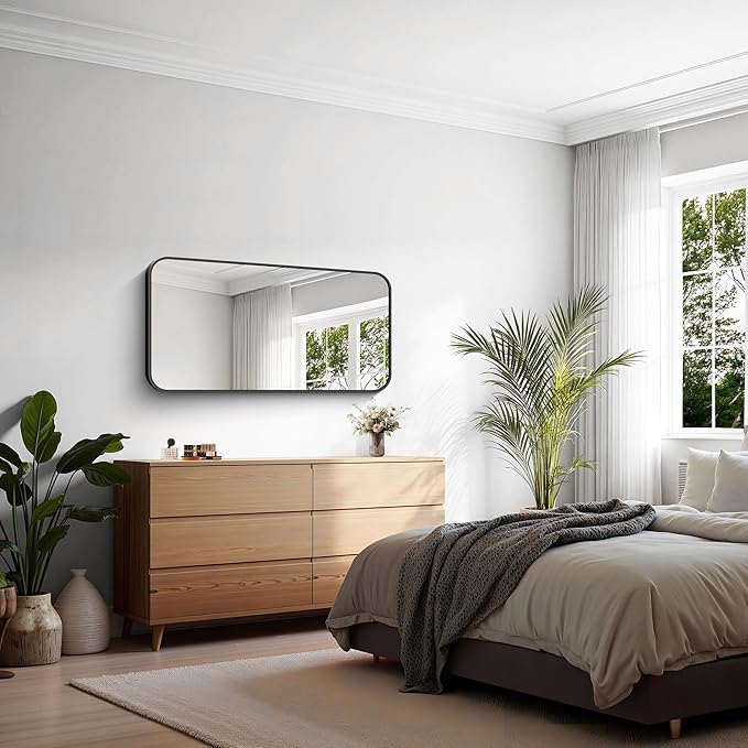 KOCUUY Black Bathroom Mirror, 20" x 40" Metal Frame Rectangle Mirror with Rounded Corner, Classic Design of Upgraded Shatterproof Glass for Bathroom, Bedroom, Living Room, Entryway