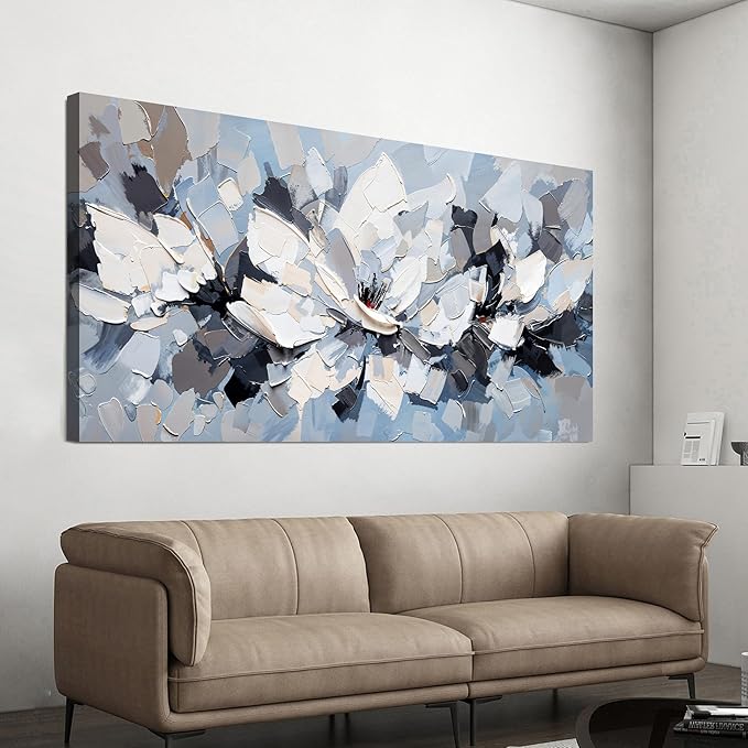 Abstract Canvas Wall Art Decor Modern White Wall Art for Living Room Abstract Canvas Art Wall Decor Flower Pictures Large Blue Wall Art Prints Artwork for Walls Bedroom Office Decor 24" X 48"