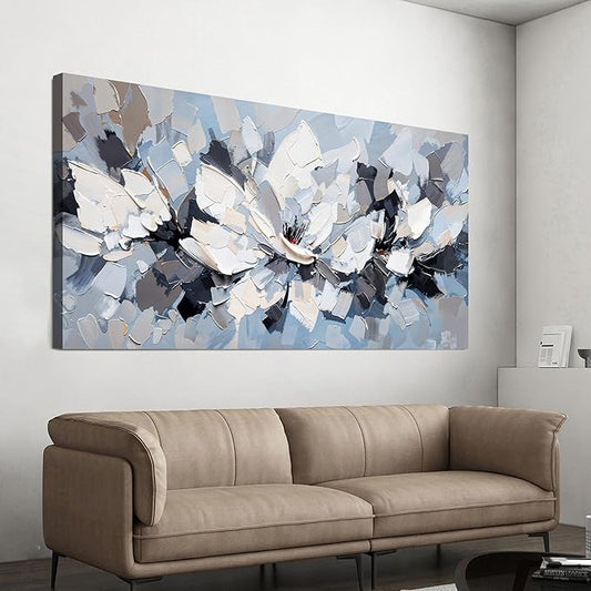 Canvas Wall Art Decor Modern White Wall Art for Living Room Abstract Canvas Art Wall Decor Flower Pictures Abstract Blue Wall Art Prints Artwork for Walls Bedroom Office Home Decor 20" X 40"
