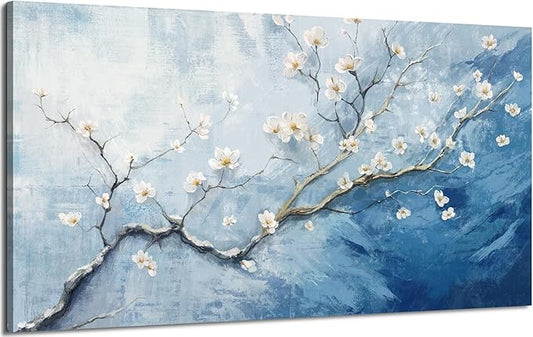 Nicetop Large Wall Art for Living Room– Blue and white Floral Canvas Art Print, Plum Blossom Flower Branch Picture Tree of Life Artwork for Modern Coastal Calming Bedroom Office Wall Decor, 48x24 Inch