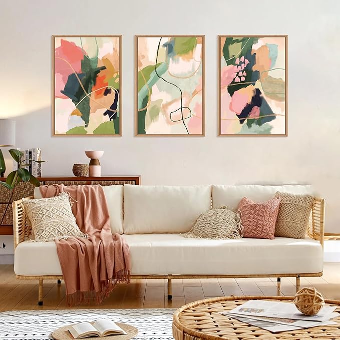 Colorful Abstract Framed Canvas Wall Art Set,Modern Multicolor Pastel Minimalist Line Wall Decor,Boho Green and Pink Painting for Living Room,Bedroom-24 x36 x3