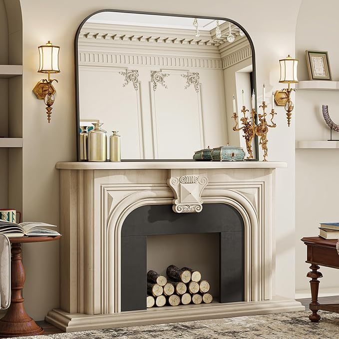 Black Wall Mounted Bathroom Mirror - 38 x 30 Inch Round Cruved Top Right Angle Bottom Wide Wall Mirror, Aluminum Metal Framed, Decor for Living Room, Bedroom, Fireplace, Mantle, Entryway