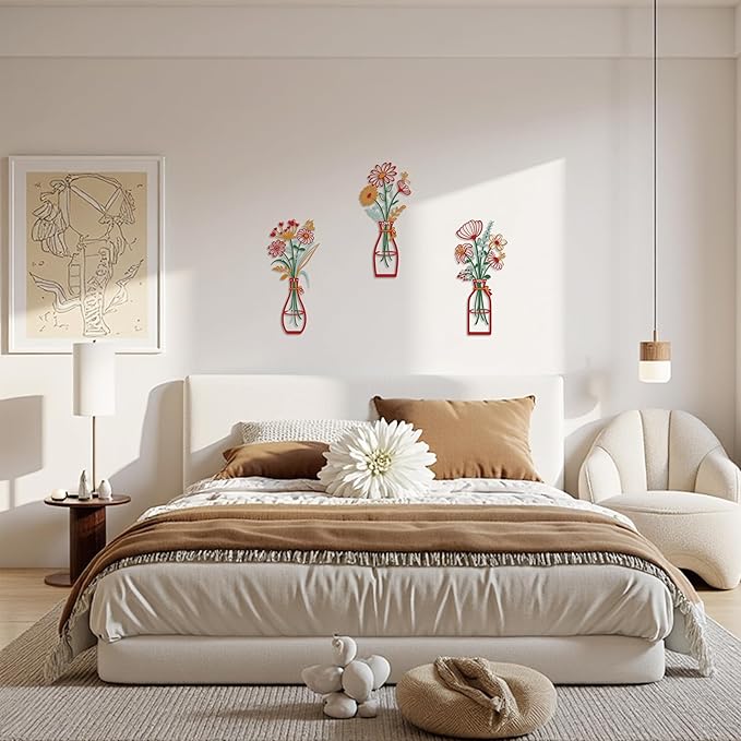 3 Pieces Metal Flowers Wall Art Decor, House Minimalist Bathroom Wall Decors Sculptures for Living Room Dining Room Bedroom Housewarming Gifts