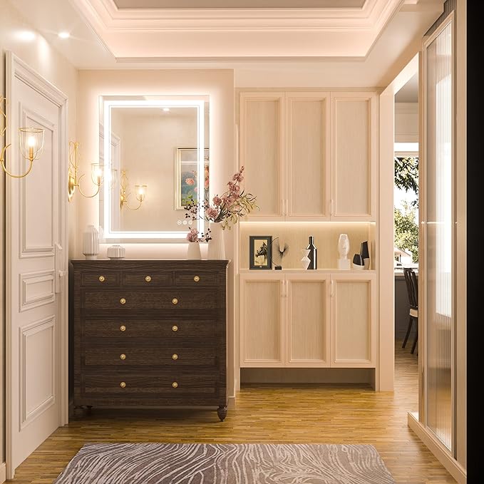 Keonjinn LED Bathroom Mirror 24" x 32" with Frontlit and Backlit, Stepless 3 Colors Temperature & Dimmable Vanity Mirror with Light, Double LED Strips, Tempered Glass Wall Mirror, UL Listed LED Driver