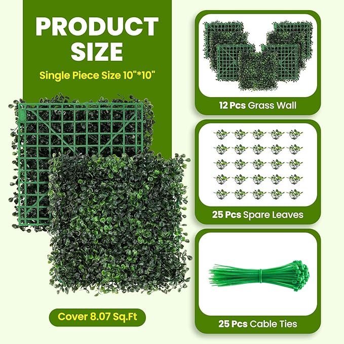 KASZOO Grass Wall 12 Pack 10"x10" Artificial Boxwood Hedge Wall Panels, Privacy Hedge Screen Faux Boxwood for Outdoor,Indoor,Garden,Fence,Backyard,Greenery Walls