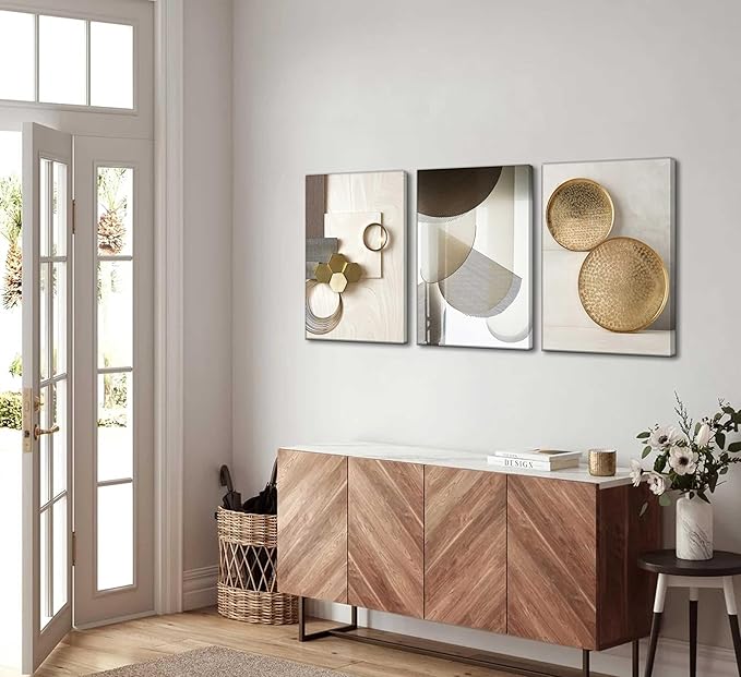 3 Pcs Abstract Gold Geometric Boho Canvas Wall Art Mid Century Modern Minimalist Aesthetic Luxury Metal Artwork Pictures Wall Decor Posters Prints for Living room Bedroom Office Home Decoration