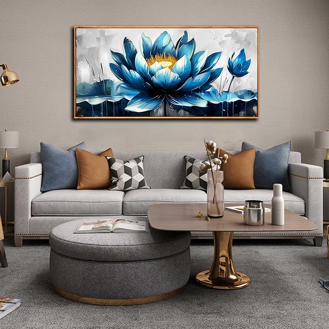 Ouzzlie Large Flower Wall Decor Blue Wall Art for Living Room Gold Art Lotus Posters for Home Office 29" x 59"