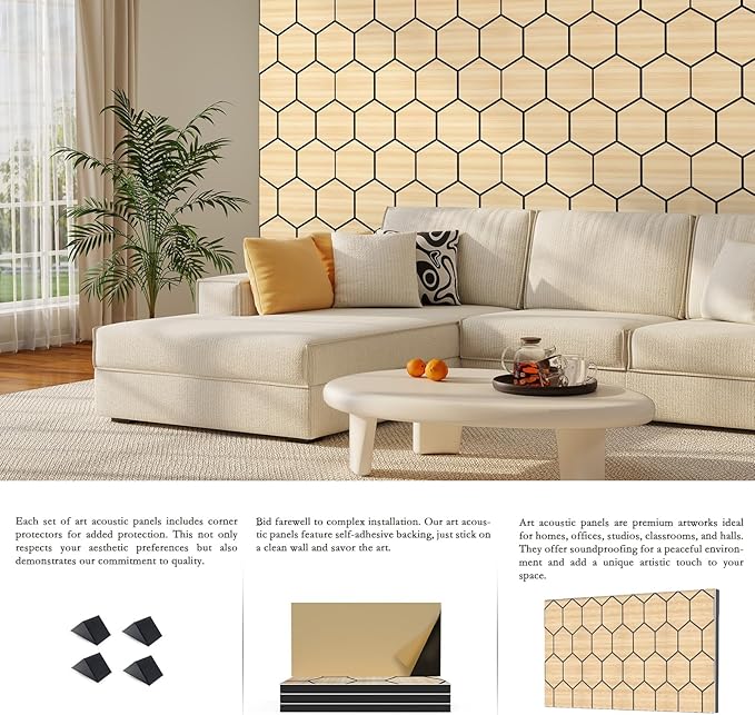 4Pack Acoustic Wall Panel Self-Adhesive Soundproof Foam Panels for Wall, 3D Perforated Tri-Layer Polyester Fiber Decorative Acoustic Insulation for Recording Studio, Office, Home, 24×12×1.78", Hexagon