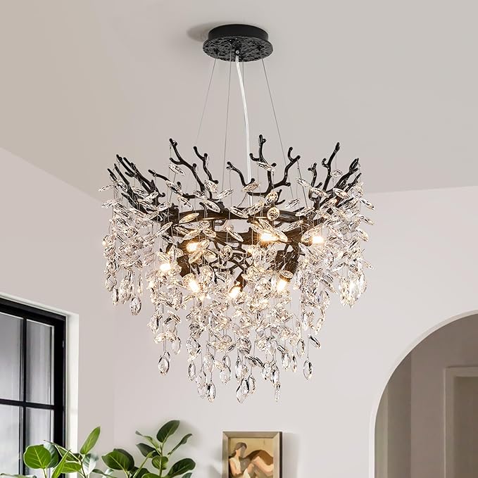 Modern Crystal Chandelier for Dining Room, 23.62" Black Tree Branch Chandeliers, 8-Light Luxury K9 Crystal Round Chandeliers for Kitchen Island Living Room