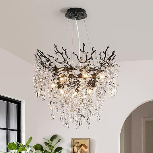 Modern Crystal Chandelier for Dining Room, 23.62" Black Tree Branch Chandeliers, 8-Light Luxury K9 Crystal Round Chandeliers for Kitchen Island Living Room