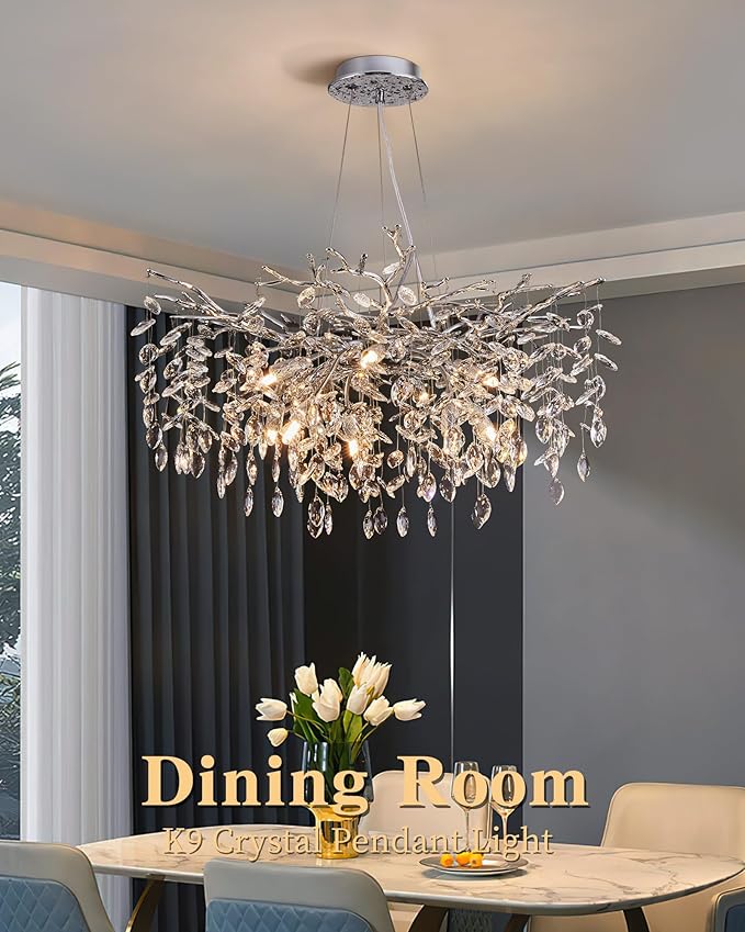 Modern Tree Branch Crystal Chandelier Luxury Silver Crystal Pendant Lighting 30" Contemporary 10-Light Chandeliers for Dining Room Kitchen Bedroom Living Room